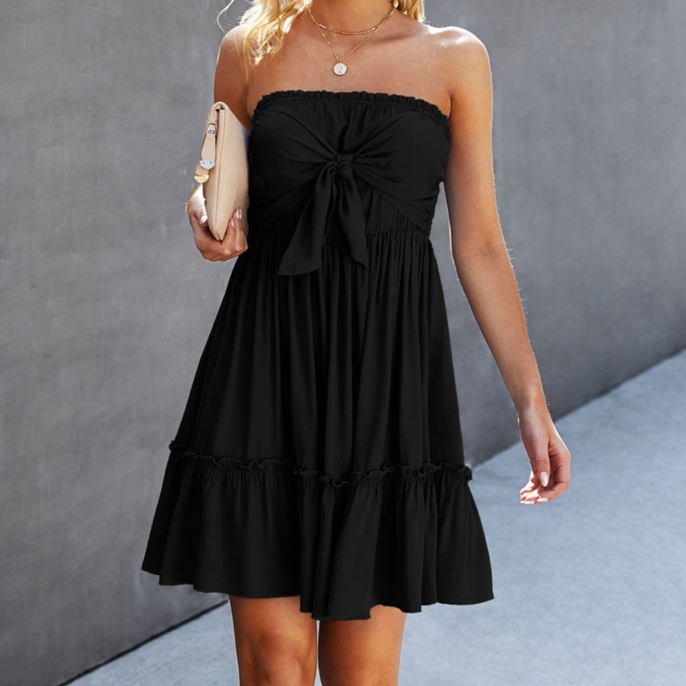 Boho Front Tie Ruffle Hem Strapless Mini Dress - Picture 8 of 10